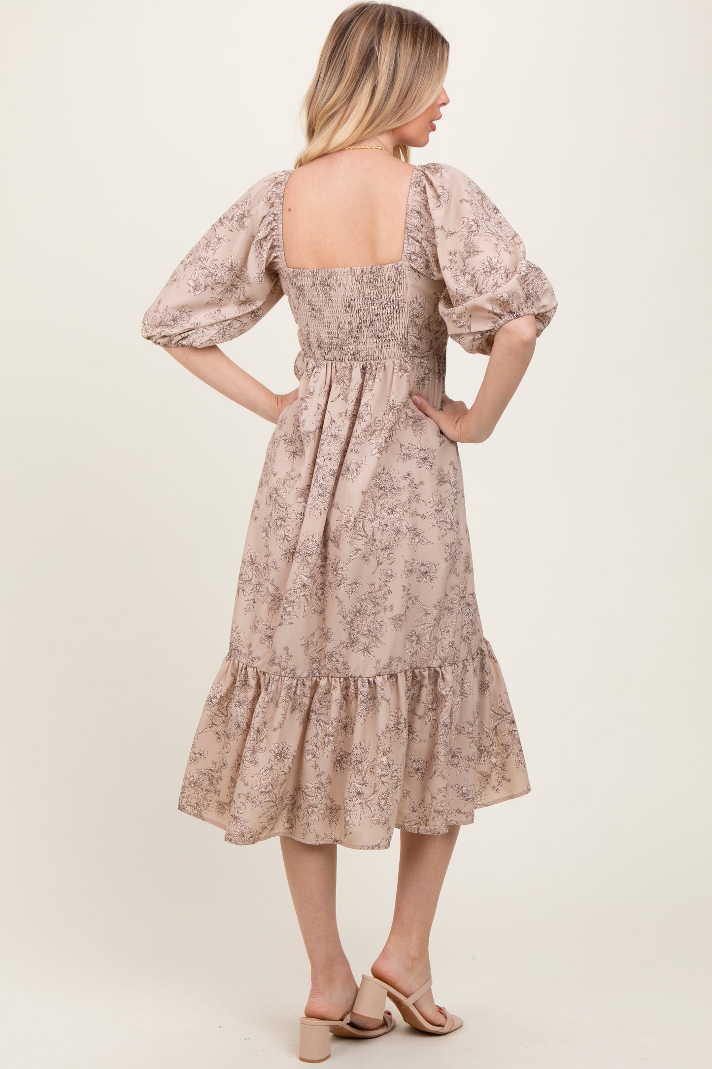 Beige Floral Pleated Bodice Midi Dress