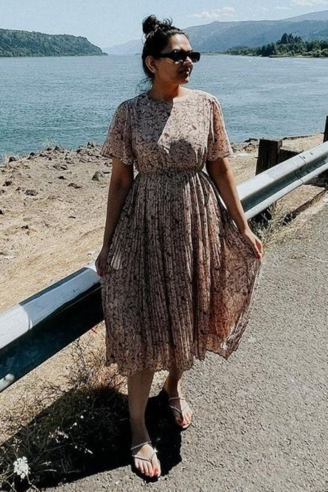 Beige Floral Pleated Chiffon Midi Dress