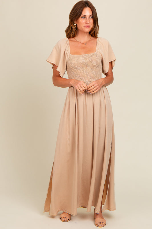 Beige Chambray Smocked Maxi Dress
