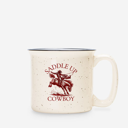 Saddle Up Cowboy Ceramic Camp Mug Speckled Cream 13oz