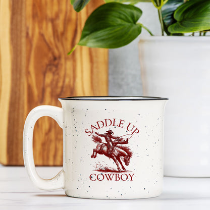 Saddle Up Cowboy Ceramic Camp Mug Speckled Cream 13oz