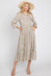 Beige Floral Button Front Long Sleeve Tiered Midi Dress