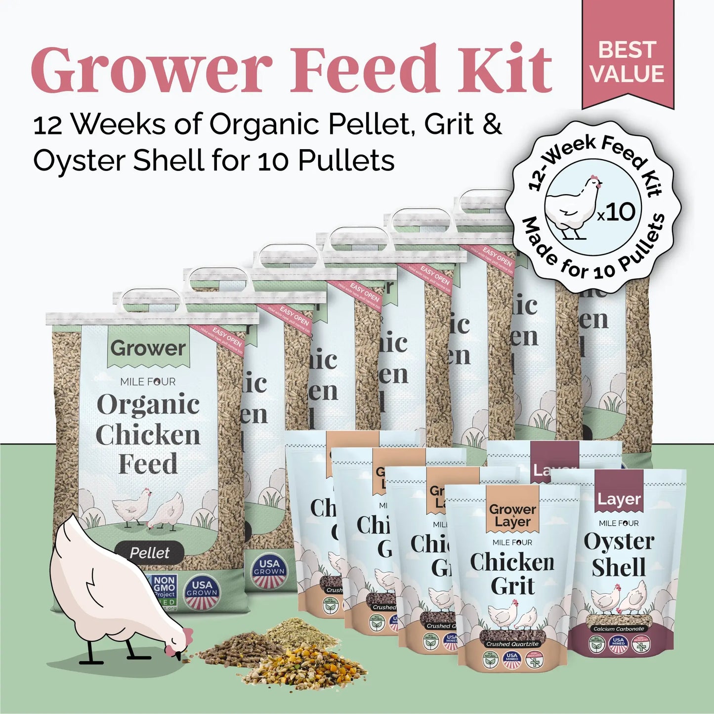 Grower Bundle | 12 Weeks of Organic Feed & Grit for 6 Pullets