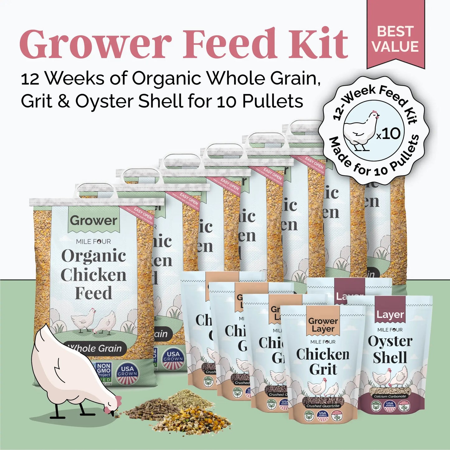 Grower Bundle | 12 Weeks of Organic Feed & Grit for 6 Pullets