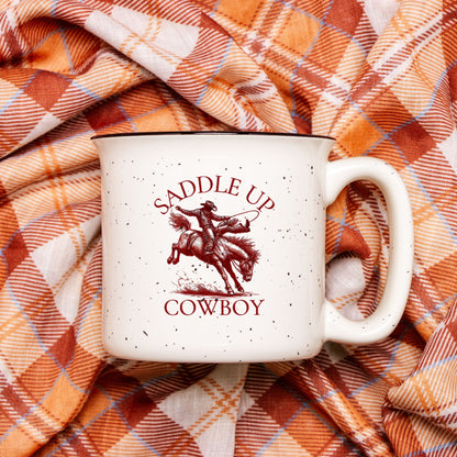 Saddle Up Cowboy Ceramic Camp Mug Speckled Cream 13oz