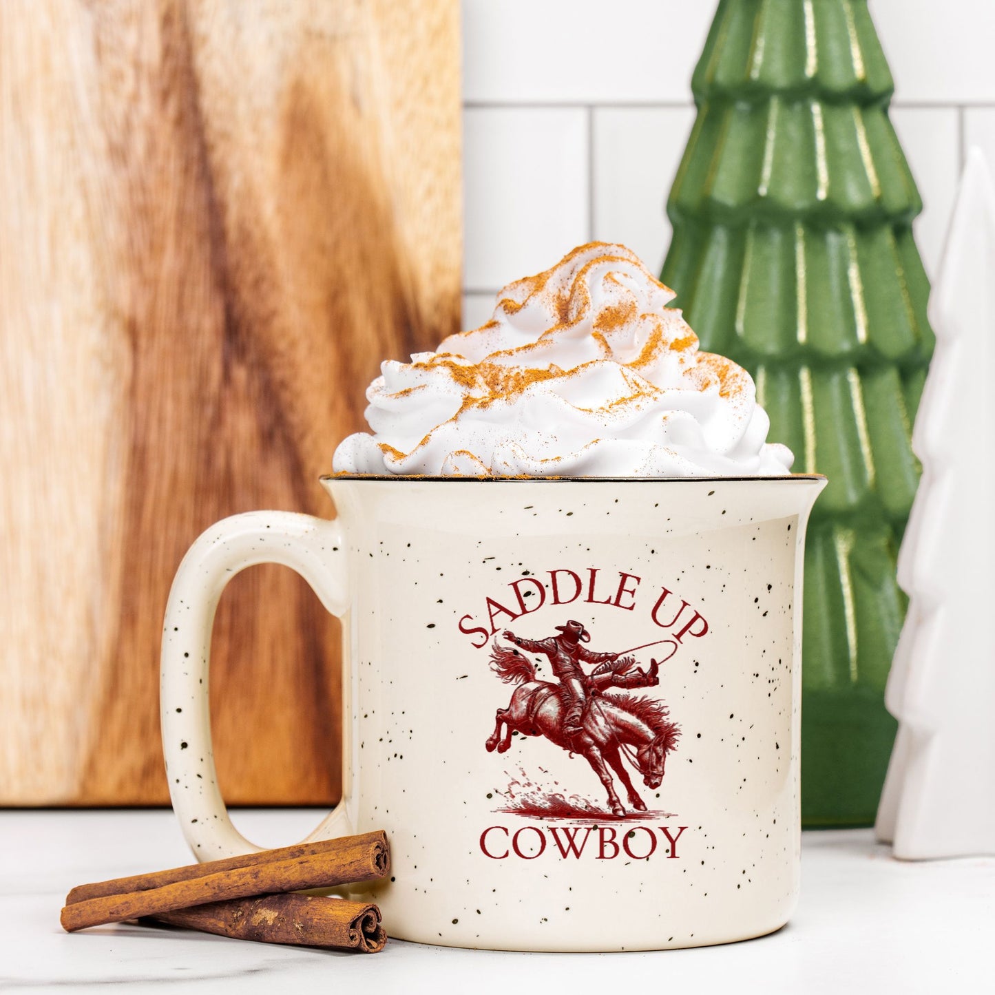 Saddle Up Cowboy Ceramic Camp Mug Speckled Cream 13oz