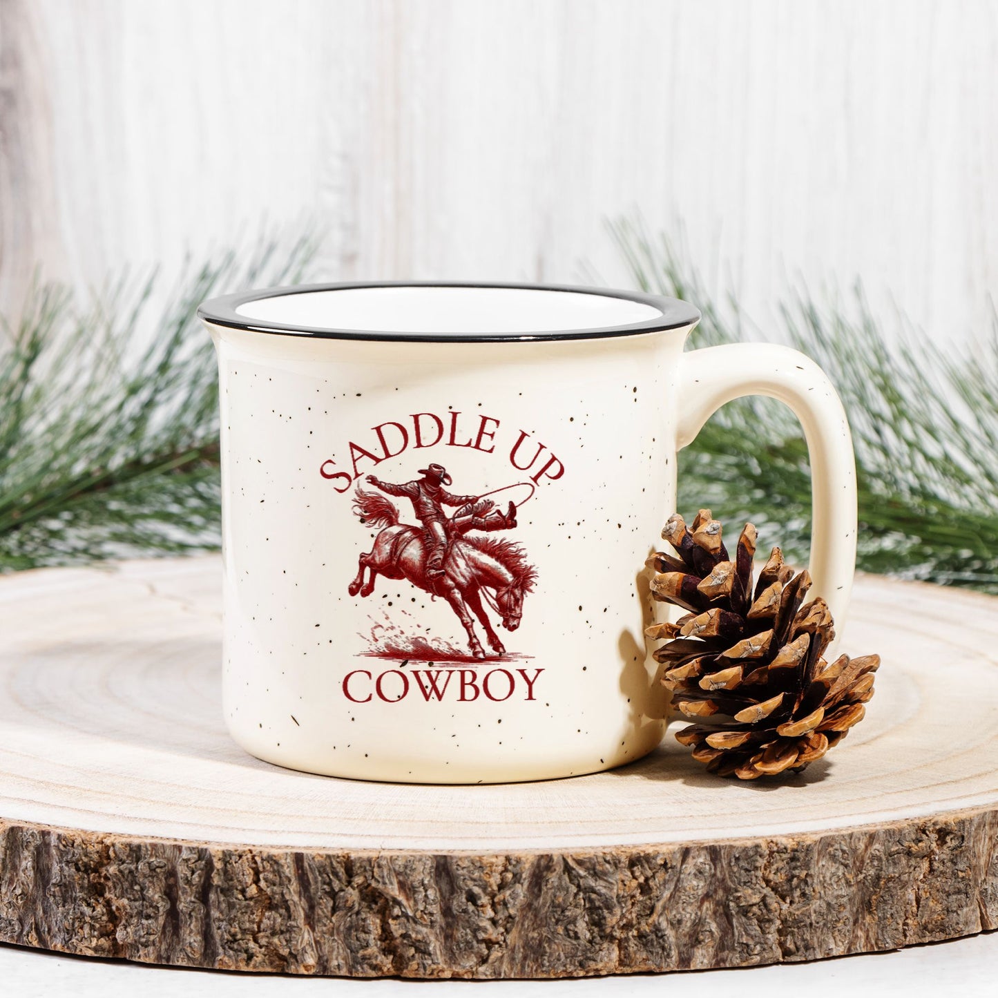 Saddle Up Cowboy Ceramic Camp Mug Speckled Cream 13oz